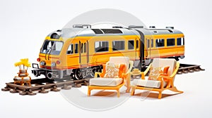 Exotic Atmosphere: Yellow And Orange Train Model With Two Chairs