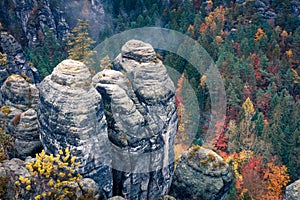 Exotic autumn view of sandstone rock. Great morning scene of Saxon Switzerland National Park, Germany, Europe. Beauty of nature