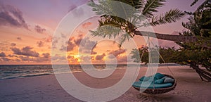 Exotic beach sunset landscape with beach swing, romantic couple destination scenic