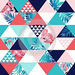 Exotic beach trendy seamless pattern, patchwork illustrated floral tropical banana leaves.