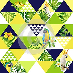Exotic beach trendy seamless pattern, patchwork illustrated floral tropical banana leaves. Jungle cockatoo, parrot Wallpape