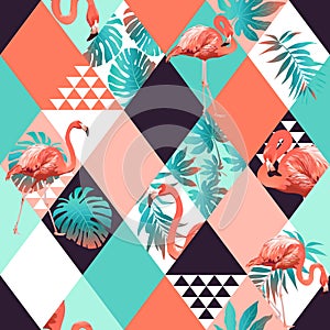 Exotic beach trendy seamless pattern, patchwork illustrated floral tropical banana leaves. photo