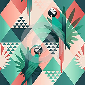 Exotic beach trendy seamless pattern, patchwork illustrated floral tropical leaves. Jungle red and green parrots. Wallpaper