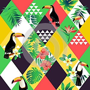 Exotický pláž moderní bezešvý vzor slátanina obrázkový vektor obratník listy. džungle růžový tukan 