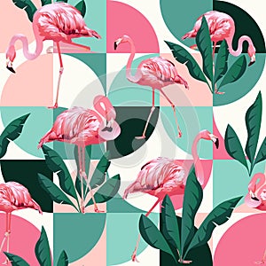 Exotic beach trendy seamless pattern, patchwork illustrated floral vector tropical banana leaves. Jungle pink flamingos.