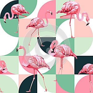 Exotic beach trendy seamless pattern, patchwork illustrated floral vector tropical banana leaves. Jungle pink flamingos. photo