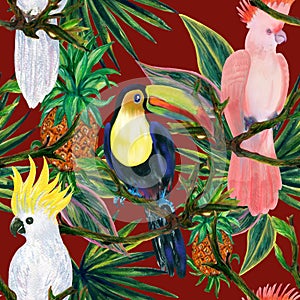 Exotic beach trendy seamless pattern, patchwork illustration tropical leaves. Jungle cockatoo toucan Wallpaper