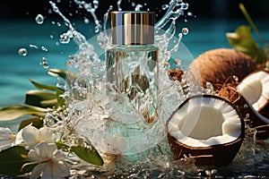 Exotic beauty display, cosmetic product presented with coconuts, tropical water splash mockup