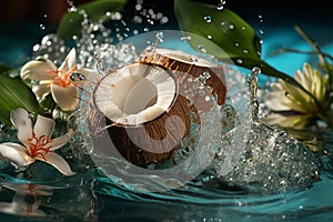 Exotic beauty display, cosmetic product presented with coconuts, tropical water splash mockup