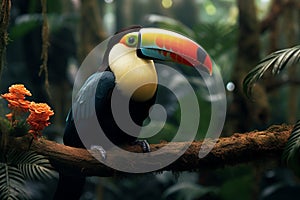 Exotic beauty Toucan sitting on a jungle branch, colorful feathers