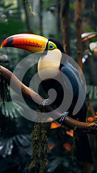 Exotic beauty Toucan sitting on a jungle branch, colorful feathers