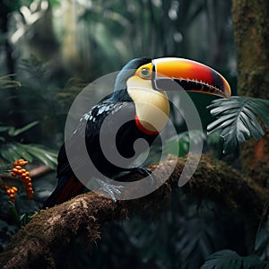 Exotic beauty Toucan sitting on a jungle branch, colorful feathers