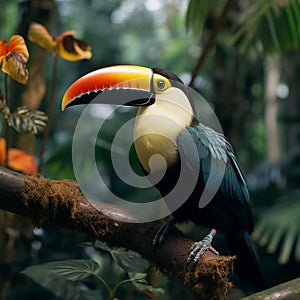 Exotic beauty Toucan sitting on a jungle branch, colorful feathers