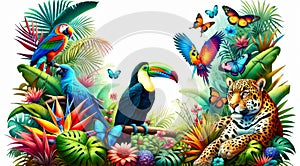 Exotic Birds, Animals and Tropical Flora.A colorful jungle scene with birds, butterflies, and a jaguar