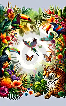 Exotic Birds, Animals and Tropical Flora.A colorful jungle scene with birds, butterflies, and a jaguar