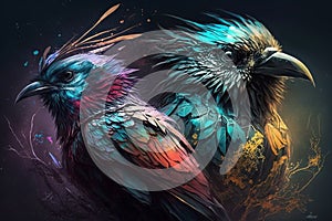 Exotic birds with detailed, vibrant feathers that radiate a bright pallete of colors. Each bird is unique and fantastic, with