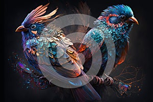 Exotic birds with detailed, vibrant feathers that radiate a bright pallete of colors. Each bird is unique and fantastic, with