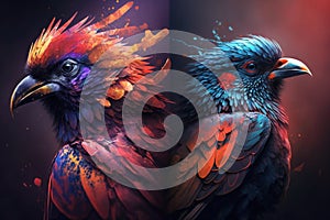 Exotic birds with detailed, vibrant feathers that radiate a bright pallete of colors. Each bird is unique and fantastic, with