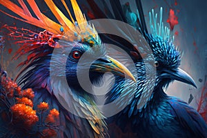 Exotic birds with detailed, vibrant feathers that radiate a bright pallete of colors. Each bird is unique and fantastic, with