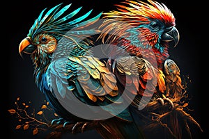 Exotic birds with detailed, vibrant feathers that radiate a bright pallete of colors. Each bird is unique and fantastic, with