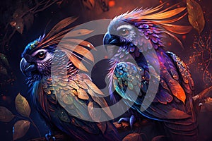 Exotic birds with detailed, vibrant feathers that radiate a bright pallete of colors. Each bird is unique and fantastic, with