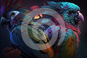 Exotic birds with detailed, vibrant feathers that radiate a bright pallete of colors. Each bird is unique and fantastic, with