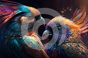 Exotic birds with detailed, vibrant feathers that radiate a bright pallete of colors. Each bird is unique and fantastic, with