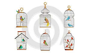 Exotic Birds in Iron Cages Collection, Cute Colorful Birdies Vector Illustration on White Background