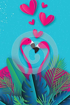 Exotic birds love. Flamingo couple. Beautiful Pink bird. Tropical Jungle. Palm leaves. Love with paper cut hearts