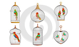 Exotic Birds and Parrots in Cages Collection, Cute Colorful Birdies Vector Illustration on White Background