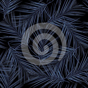 Exotic blue bright palm leaves seamless pattern on black background.