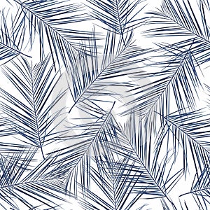 Exotic blue bright palm leaves seamless pattern on white background.