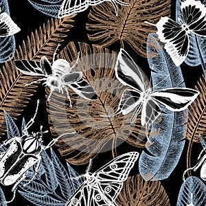 Exotic blue jungle seamless pattern with tropical insects. Trendy paradise beach backdrop