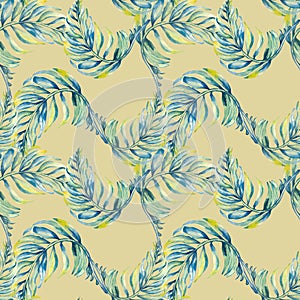 Exotic blue palm leaves seamless pattern watercolor illustration on beige.