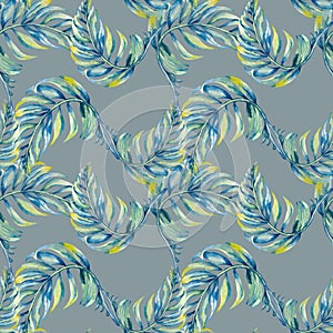 Exotic blue palm leaves seamless pattern watercolor illustration on blue