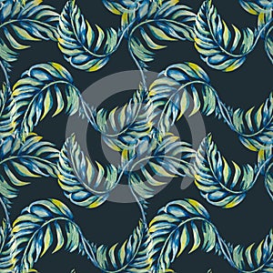 Exotic blue palm leaves seamless pattern watercolor illustration on dark.