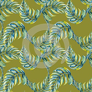 Exotic blue palm leaves seamless pattern watercolor illustration on olive.