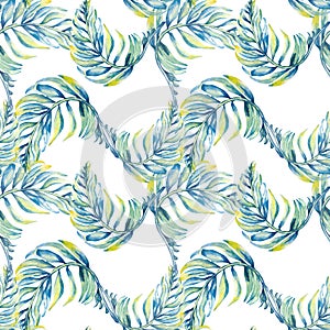 Exotic blue palm leaves seamless pattern watercolor illustration on white.