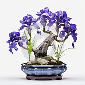 Exotic Bonsai Tree With Irises: Classic Still Life Composition In Rural China