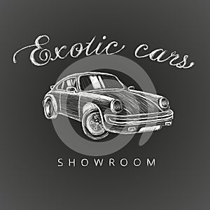 Exotic cars showroom hand drawn logo. Car dealership vector illustration logo. Chalk style