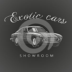 Exotic cars showroom hand drawn logo. Car dealership vector illustration logo. Chalk style