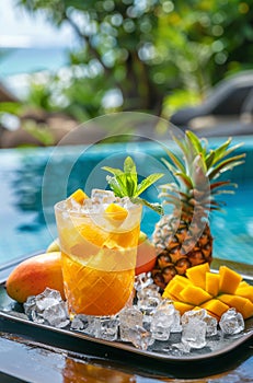 Exotic cocktail with ice and tropical fruits and tropical beach on the background.