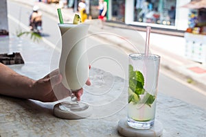 Exotic Cocktails on the bar at a vacation location, colorful