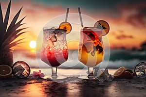 Exotic cocktails on luxury tropical beach resort at sunset. Fresh summer cold alcohol drinks. Generative Ai.