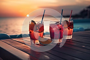 Exotic cocktails on luxury tropical beach resort at sunset. Fresh summer cold alcohol drinks. Generative Ai.