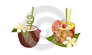 Exotic Cocktails with Straw Poured in Pineapple and Coconut Fruit Vector Set