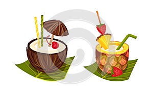 Exotic Cocktails with Straw and Umbrella Poured in Coconut and Pineapple Fruit Vector Set
