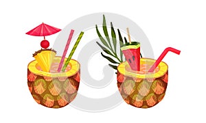 Exotic Cocktails with Straw and Umbrella Poured in Pineapple Fruit Vector Set