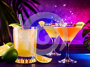 Exotic cocktails in tall glasses on a party lights background