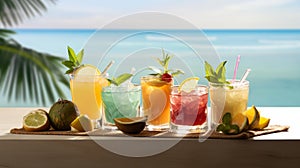 Exotic cocktails with tropical garnishes against a minimalist backdrop